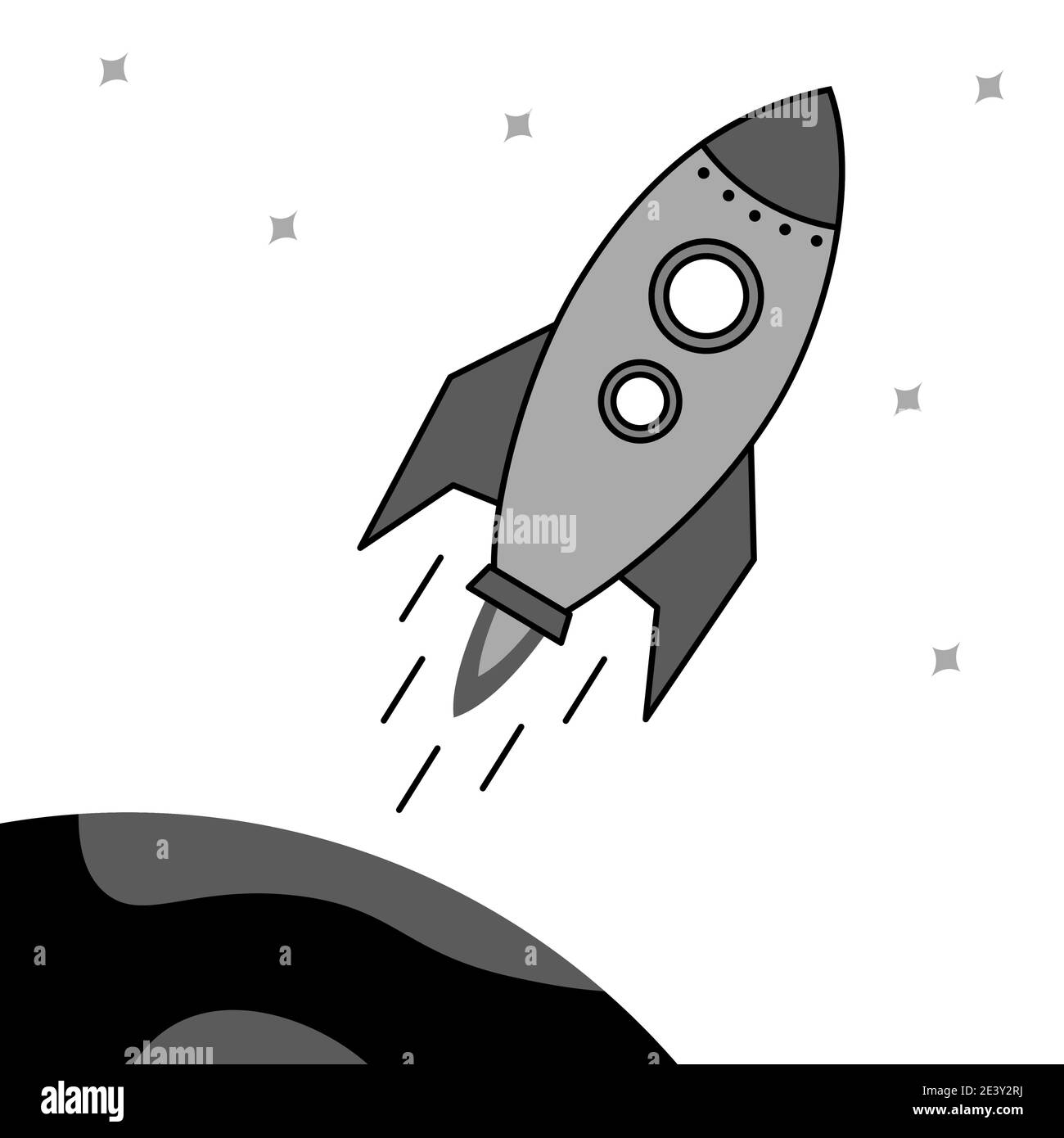The rocket flies up and enters the earth s orbit. Design rocket space ship in Black and white style. start-up Business. Vector Illustration isolated o Stock Vector