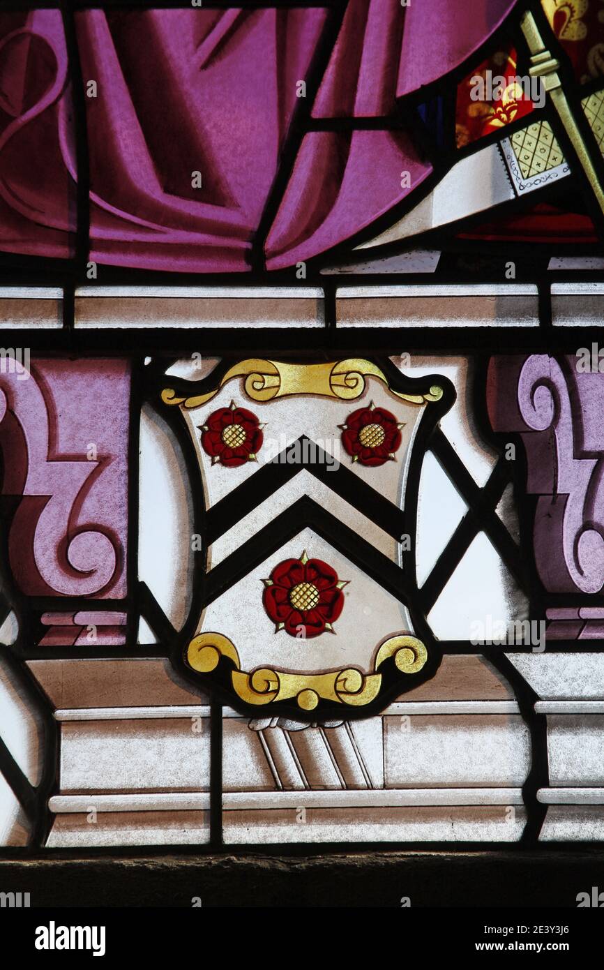 Detail of a stained glass window by Harry Stammers depicting the coat of arms of Winchester College, St May's Church, Crosthwaite, Cumbria Stock Photo