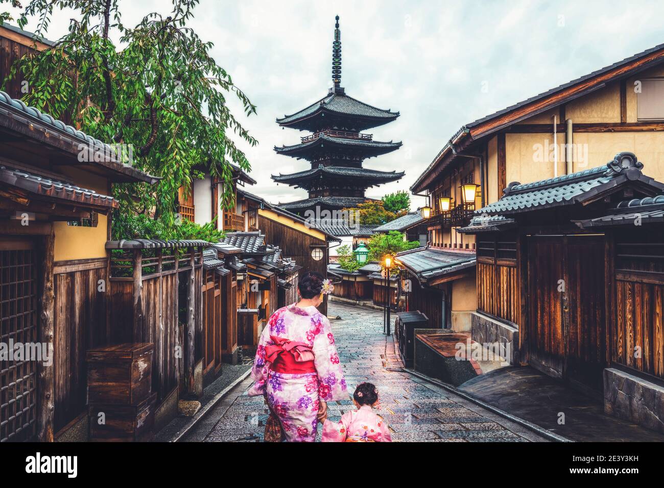 Kyoto, Japan Culture Travel - Asian traveler wearing traditional Japanese kimono walking in Higashiyama district in the old town of Kyoto, Japan. Stock Photo