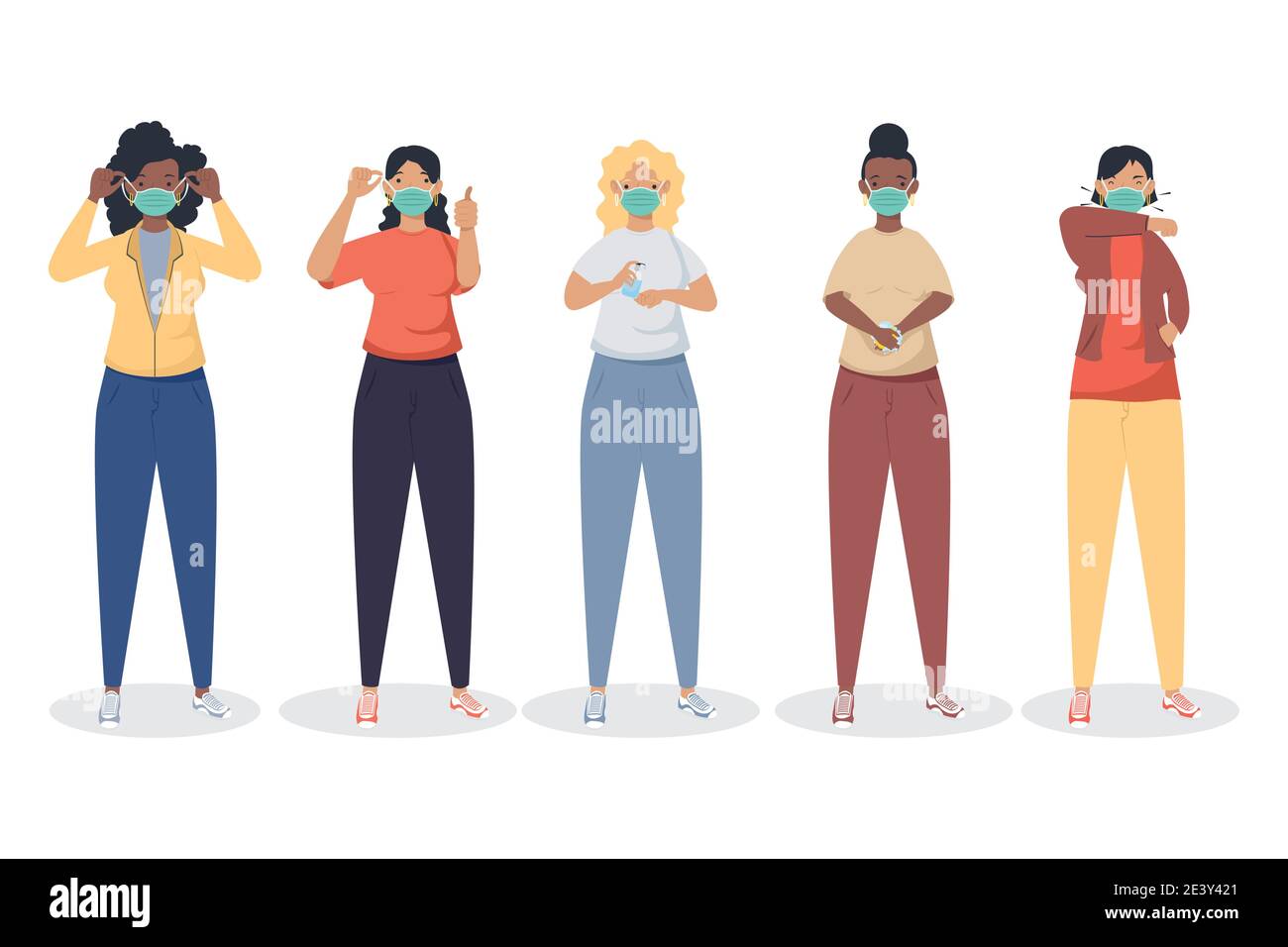 covid prevention, young women wearing medical mask vector illustration ...