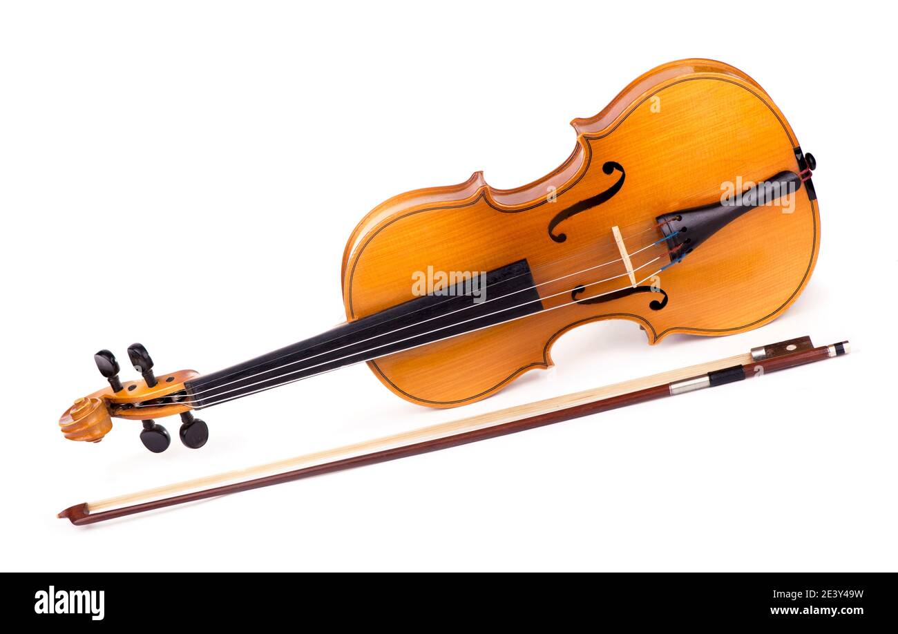 Violin and bow on white background Stock Photo