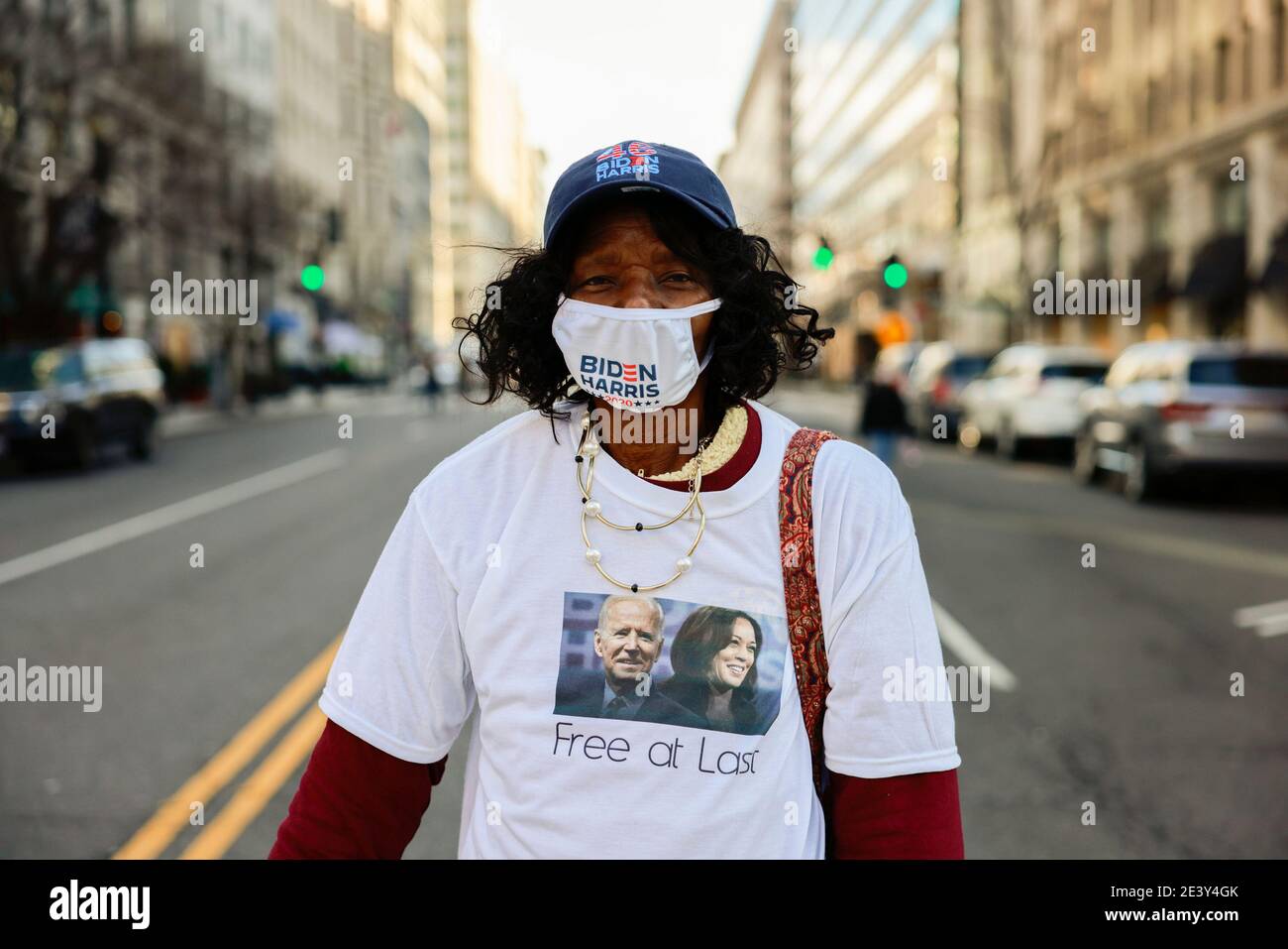 Ella Smith wears a t-shirt with a portrait of Joe Biden and Kamala Harris in celebration the inauguration of of President Joe Biden and Vice President Kamala Harris. Stock Photo