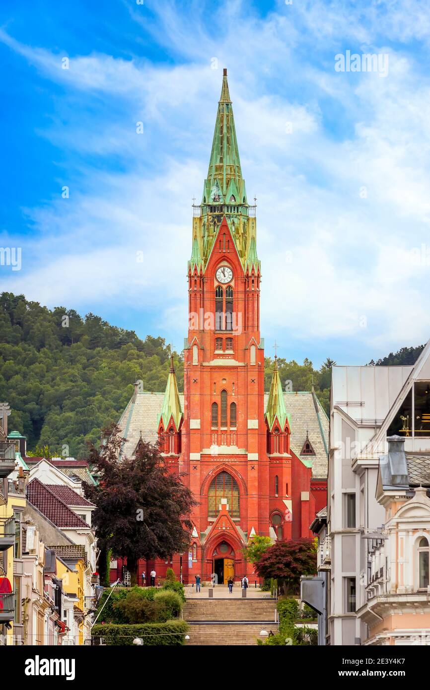 St John's red brick Church, Bergen, Norway against blue sky Stock Photo