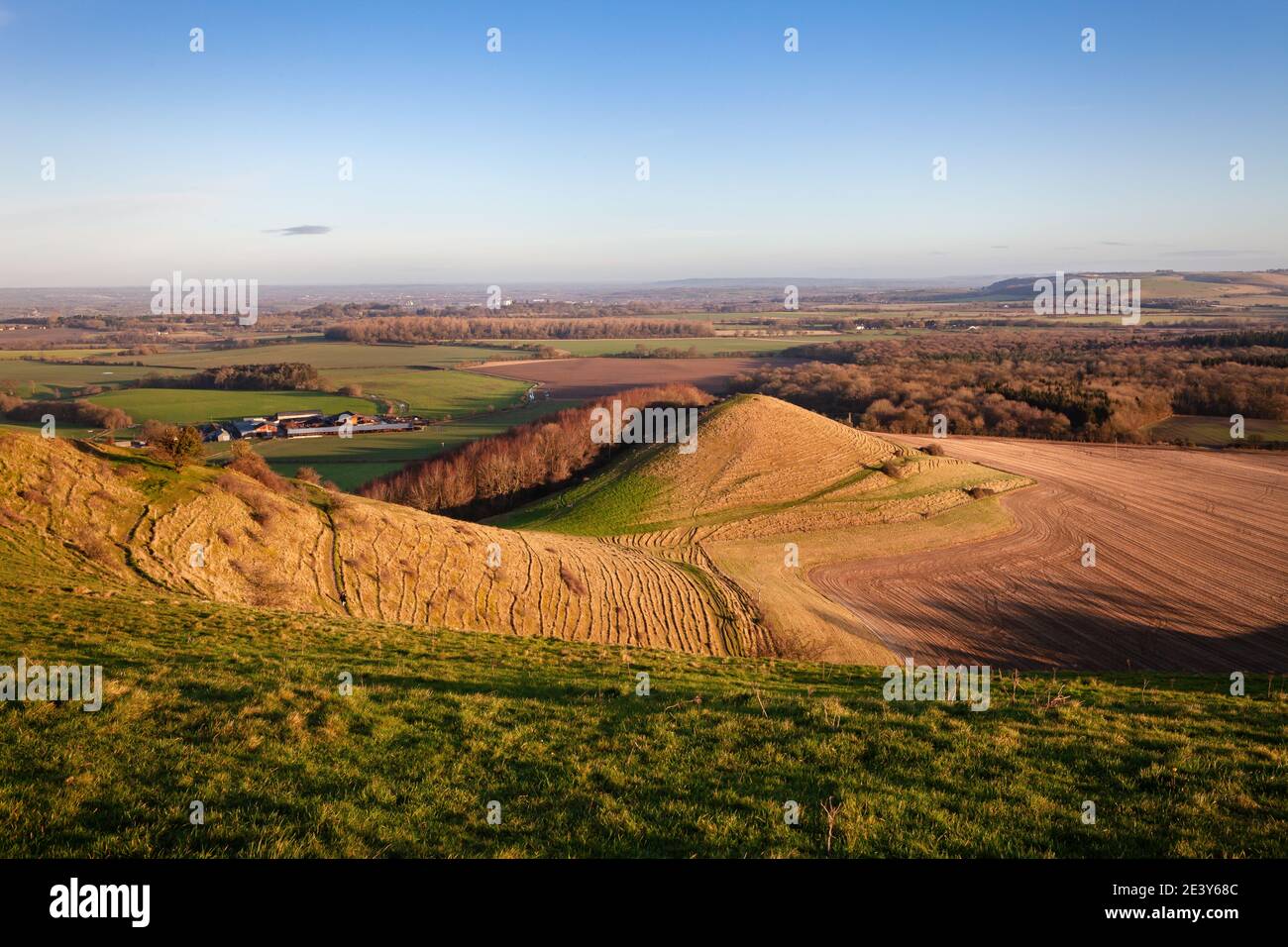 Looking out from Cley Hill across Warminster, Wiltshire Stock Photo