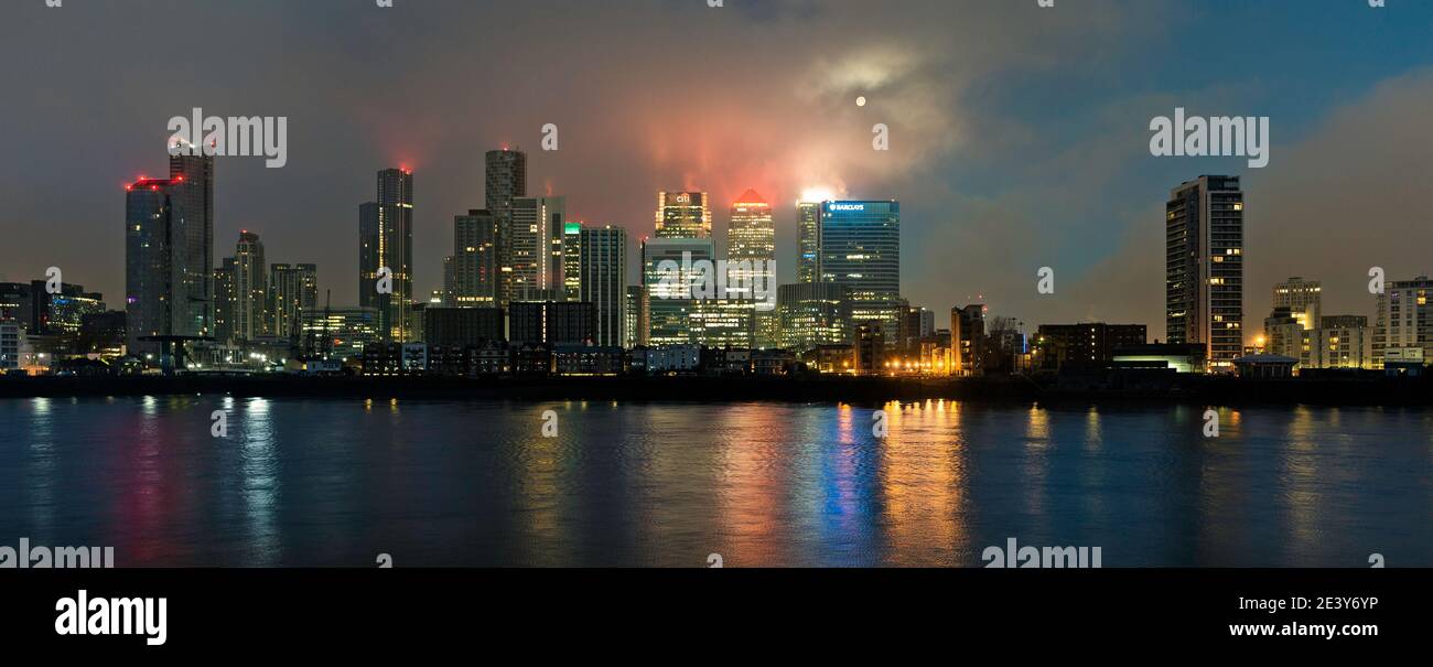 London, Canary Wharf on a moonlit night Stock Photo