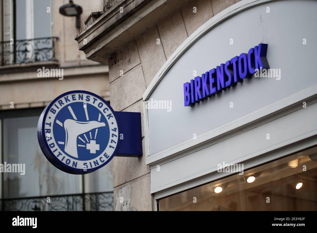 A logo outside a Birkenstock footwear store in Paris, France, January 21,  2021. REUTERS/Benoit Tessier Stock Photo - Alamy