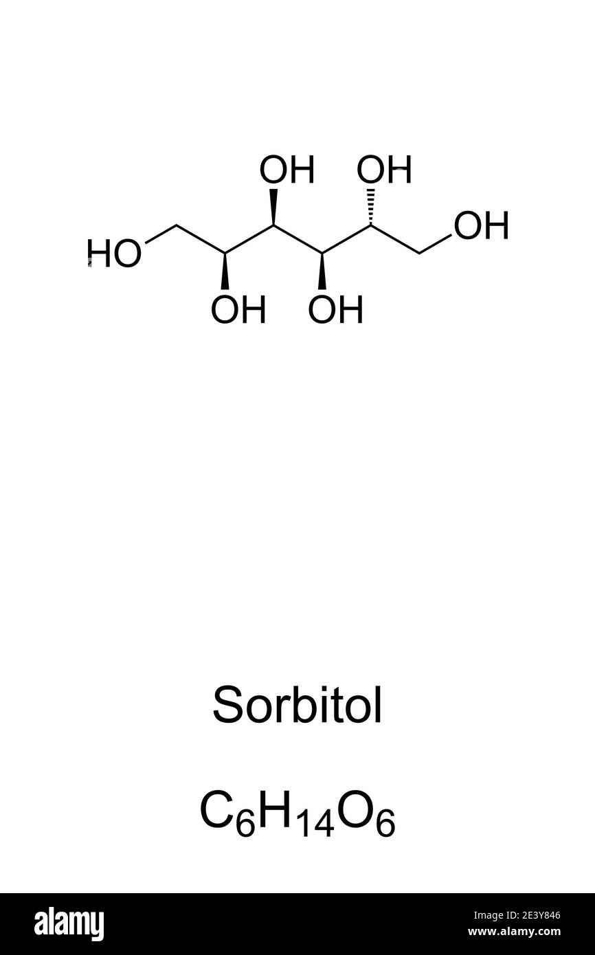 Sorbitol, chemical formula and skeletal structure. Also called glucitol