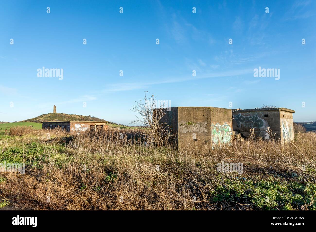 Abandoned anti-aircraft bunkers located near Castle Hill, Huddersfield, West Yorkshire, England, UK Stock Photo