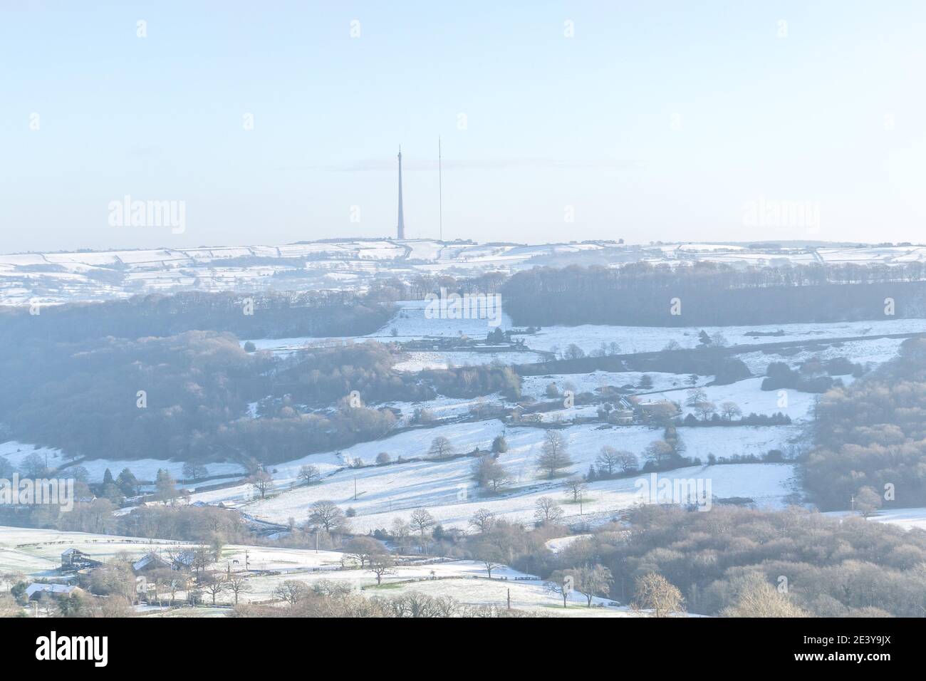 Emley Moor Television Mast and temporary mast, Emley Moor, Huddersfield, West Yorkshire, England, UK Stock Photo