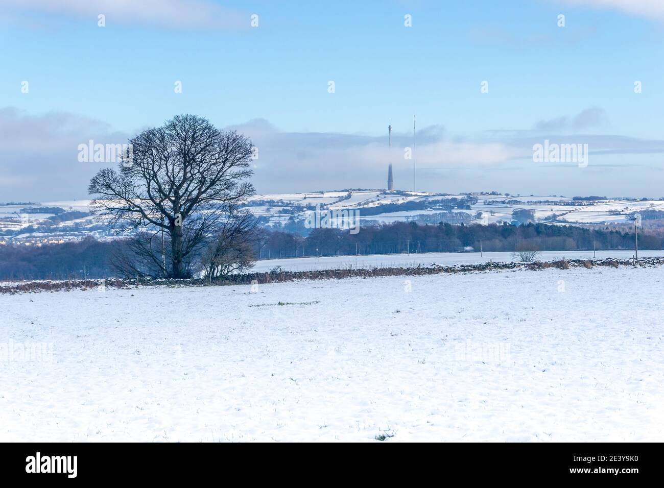 Emley Moor Television Mast and temporary mast, Emley Moor, Huddersfield, West Yorkshire, England, UK Stock Photo