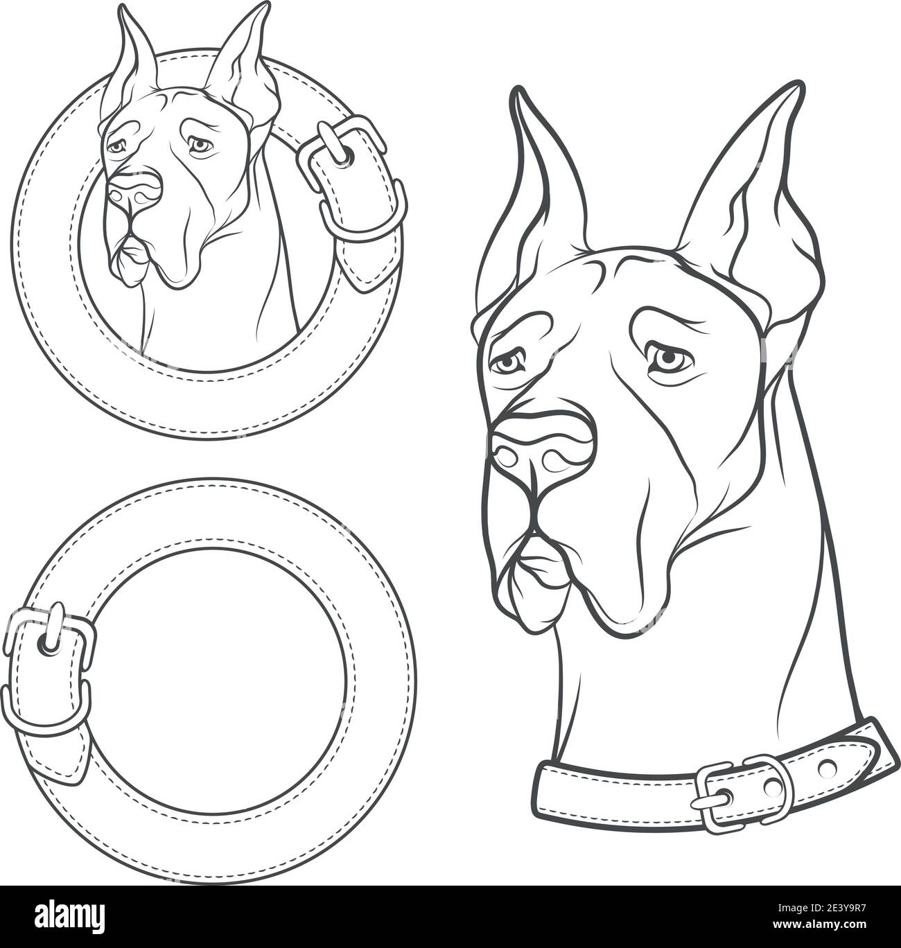 Set of vector drawing of the dog in the collar. Isolated objects on a white background. Stock Vector