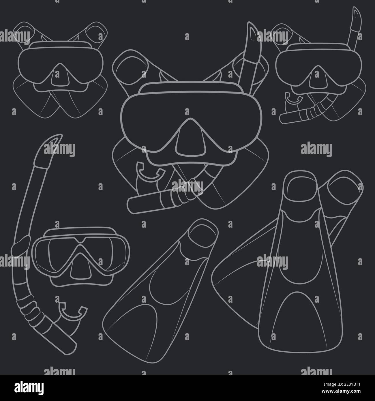 Set of vector illustrations with flippers, mask and snorkel. Isolated objects. Stock Vector
