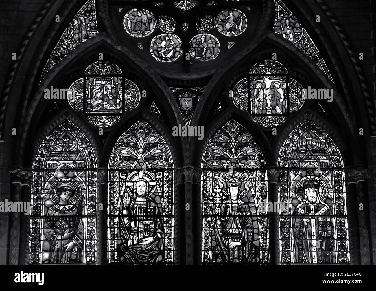 Stained glass windows with Jesus, Virgin Mary and apostles at Cahors