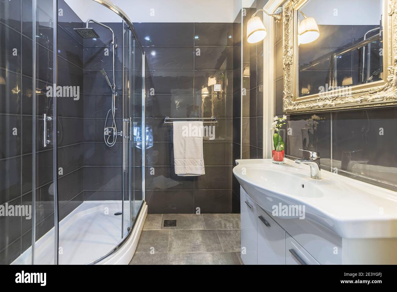 modern interior of clean bathroom with shower Stock Photo