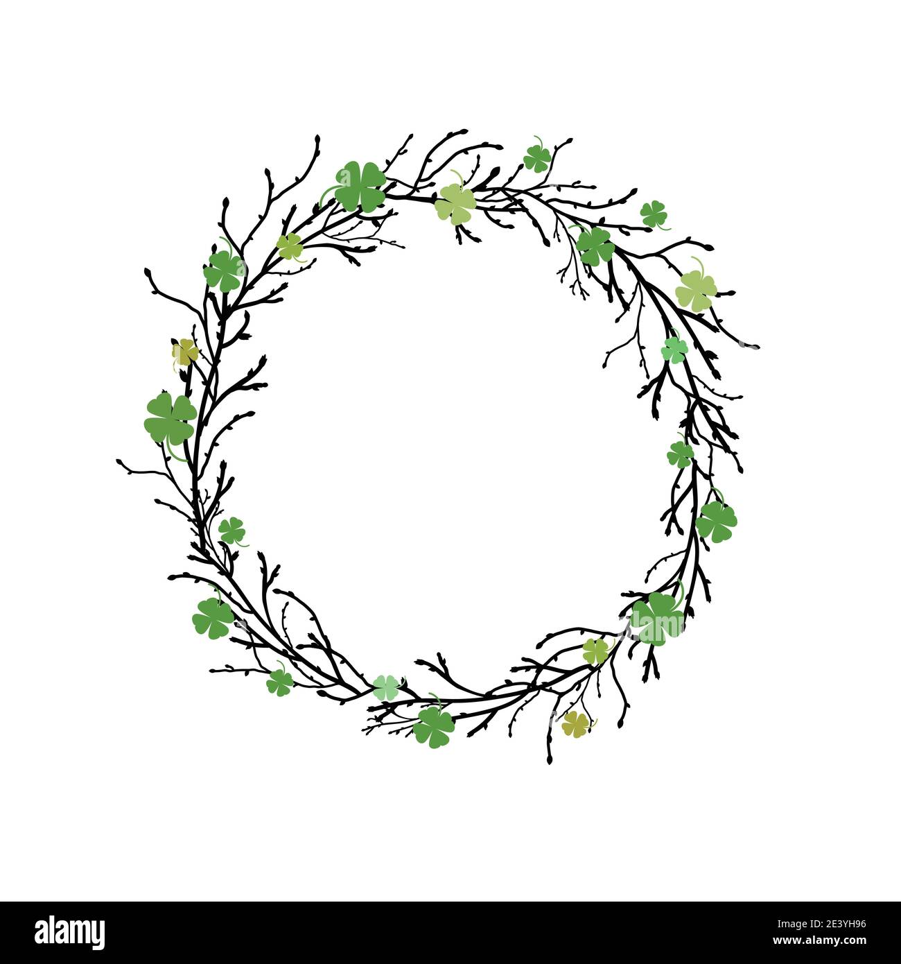 Clover garland with wreath from black branches and twigs on white background. St Patrick day greeting card with shamrock wreath. Irish. Vector illustr Stock Vector