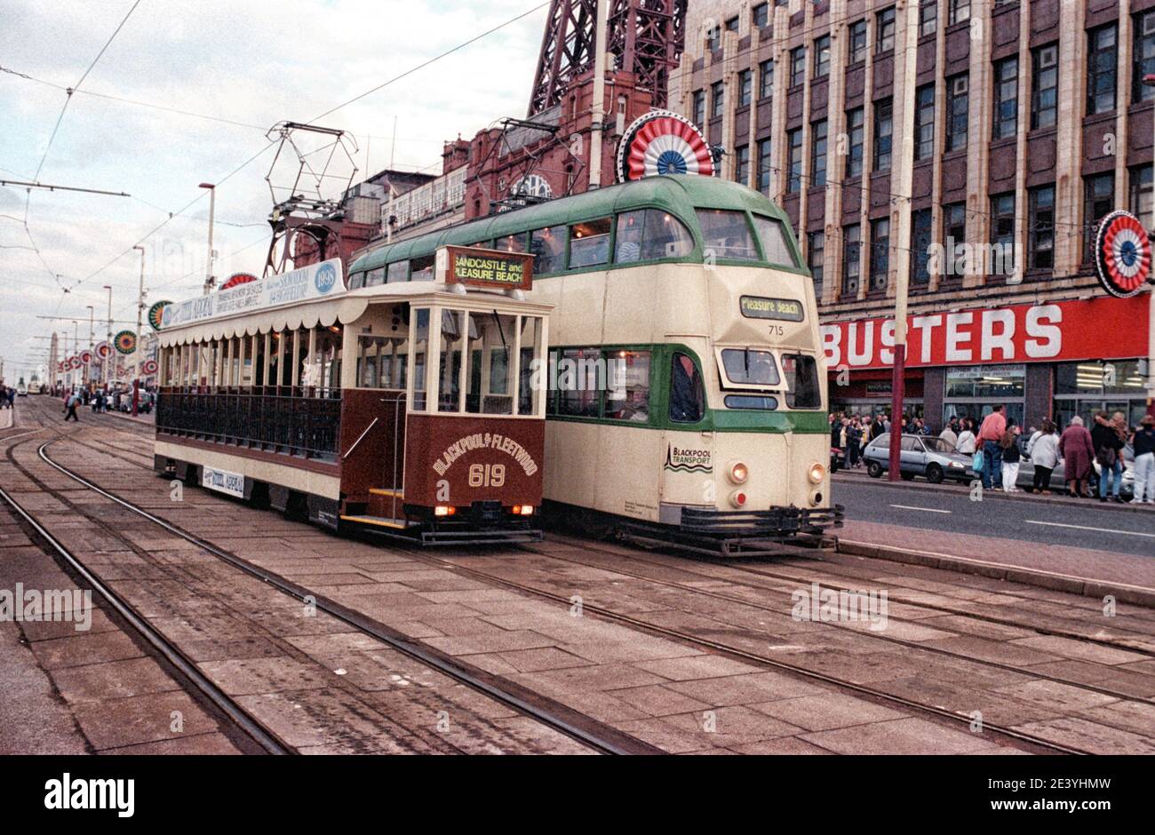 Blackpool single decker Tram 619 and Balloon Tram 715 meet outside Blackpool Tower October 1999 Stock Photo