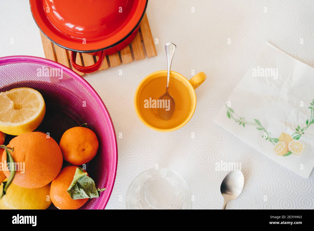View from above of breakfast with fruit bowl and a hot beverage Stock Photo