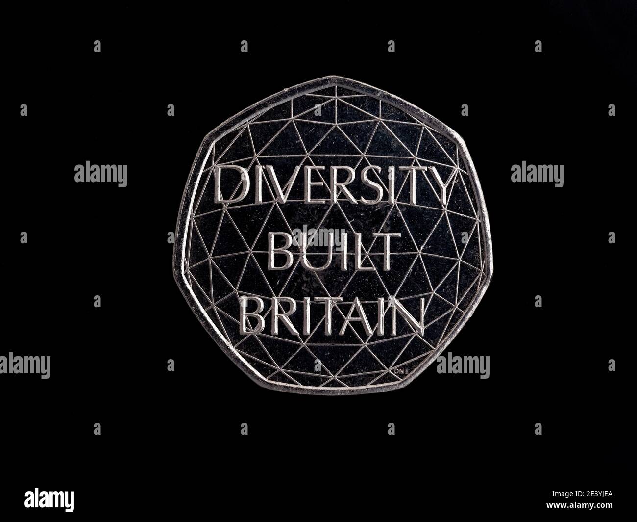 DEVON, ENGLAND - JANUARY 21 2021: 2020 UK coin, 50p, with inscription 'Diversity Built Britain'. Stock Photo