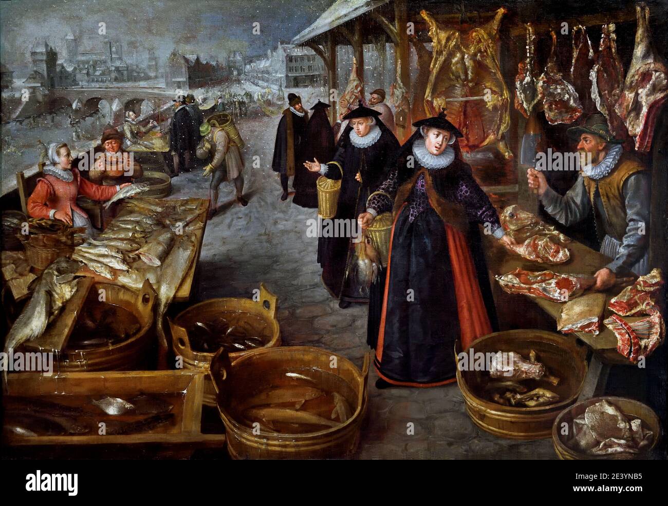 Meat and Fish Market (Winter) 1595 Lucas van Valckenborch 1535-1597 Belgian, Belgium, Flemish, Stock Photo