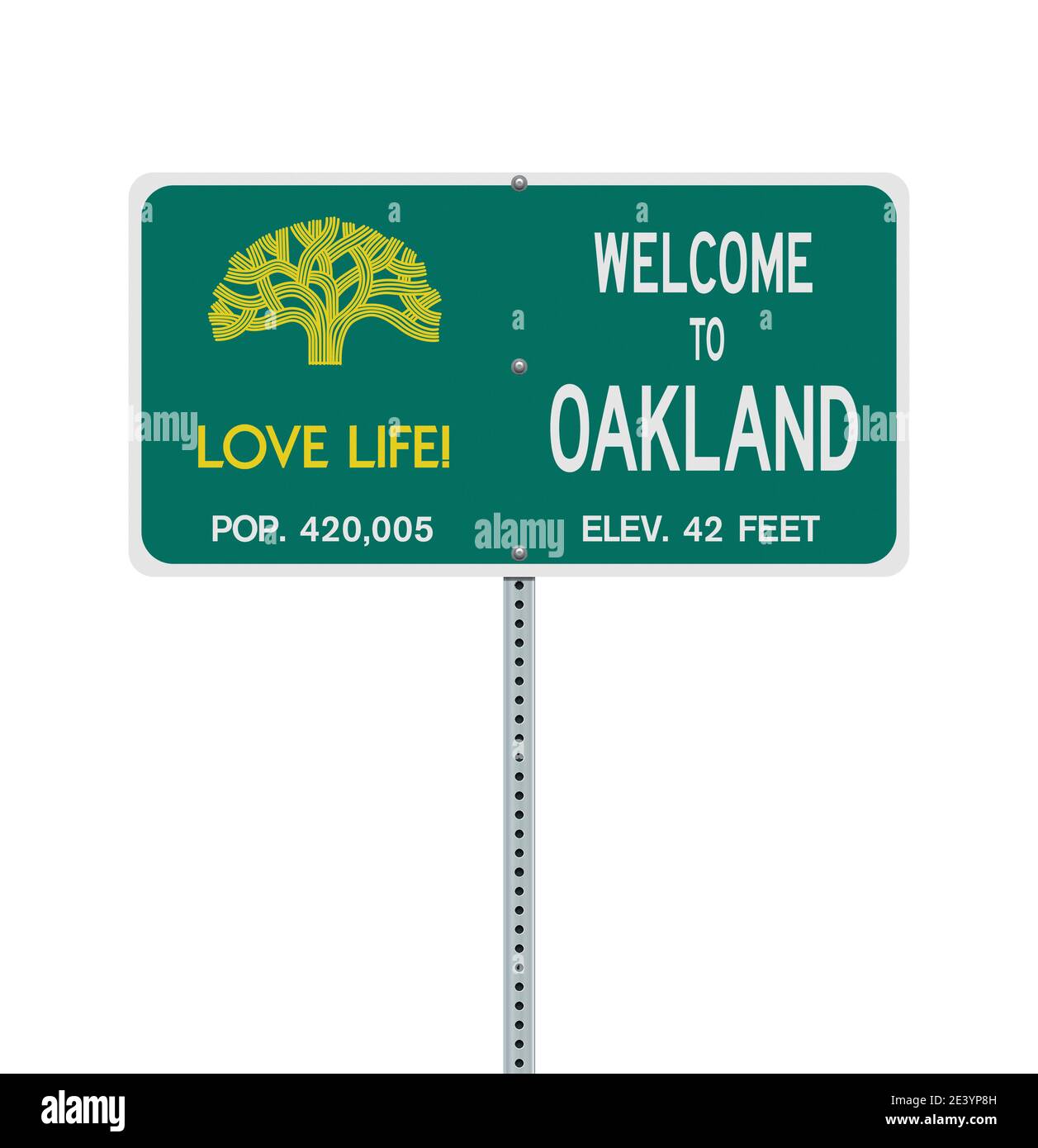 Vector illustration of the Welcome To Oakland green road sign on metallic post Stock Vector