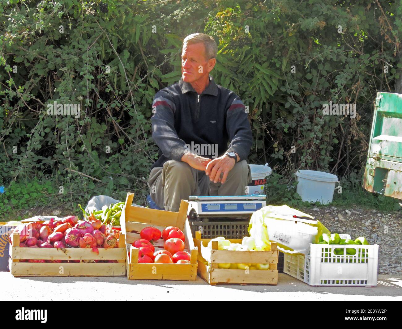Young man selling vegetables in a street stall. Shkoder. Photo: Bo Arrhed Stock Photo