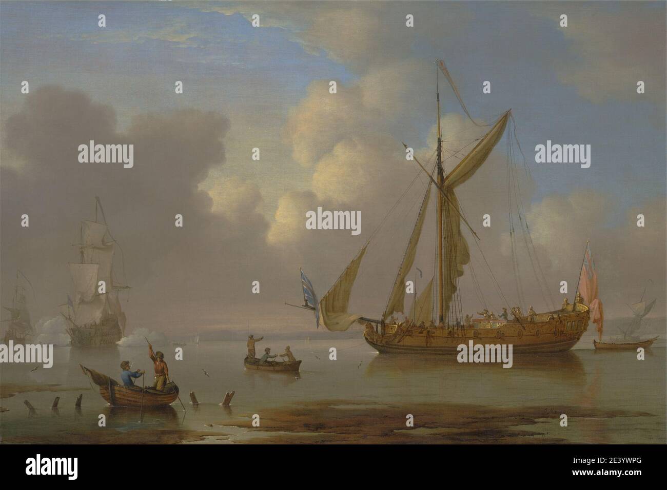 Peter Monamy, 1681â€“1749, British, Royal Yacht Becalmed at Anchor, between 1710 and 1730. Oil on canvas. anchor (watercraft equipment) , birds , boys , clouds , figures , flags , full-rigged ships , guns , hats , inlet , marine art , men , men-of-war , pennants , rowboats , sails , sea , ships , sky , sloops (sailing vessels) , yacht Stock Photo