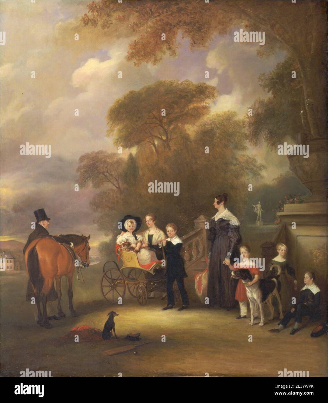John Ferneley, 1782â€“1860, British, The Rev. and Mrs. Henry Palmer with their six younger children at Withcote Hall, Near Oakham, Leicestershire, 1838. Oil on canvas. baby carriage , bassinet , boys , conversation piece , daughters , donkey , family , girls , perambulator , portrait , sons , stairs , steps. England , Leicestershire , Oakham , United Kingdom , Withcote Hall. Palmer, Reverend Henry Stock Photo