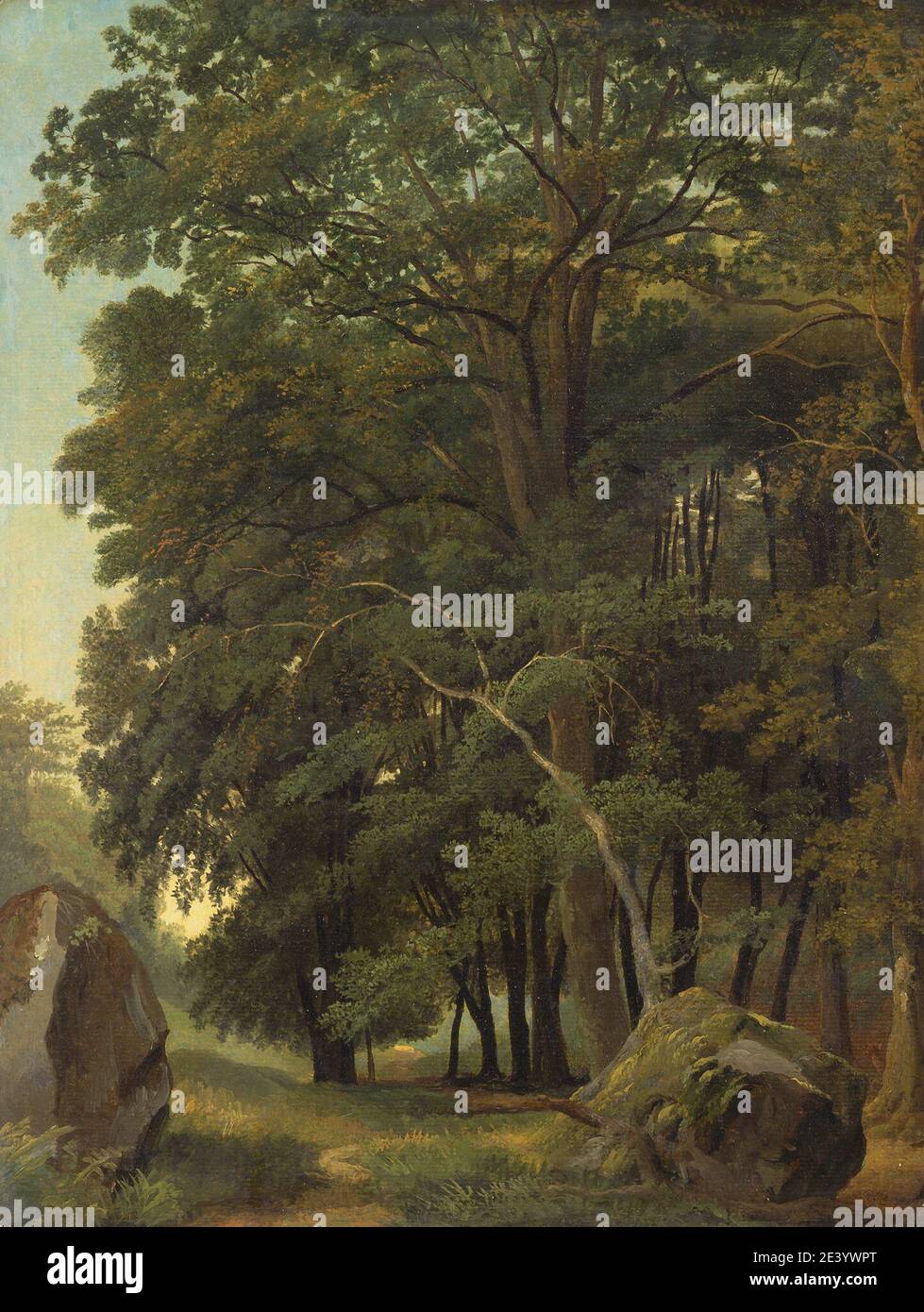 Ramsay Richard Reinagle, 1775â€“1862, British, A Wooded Landscape, 1833. Oil on artist's board mounted on panel. boulders , forest , landscape , path , rocks (landforms) , trees , woods Stock Photo