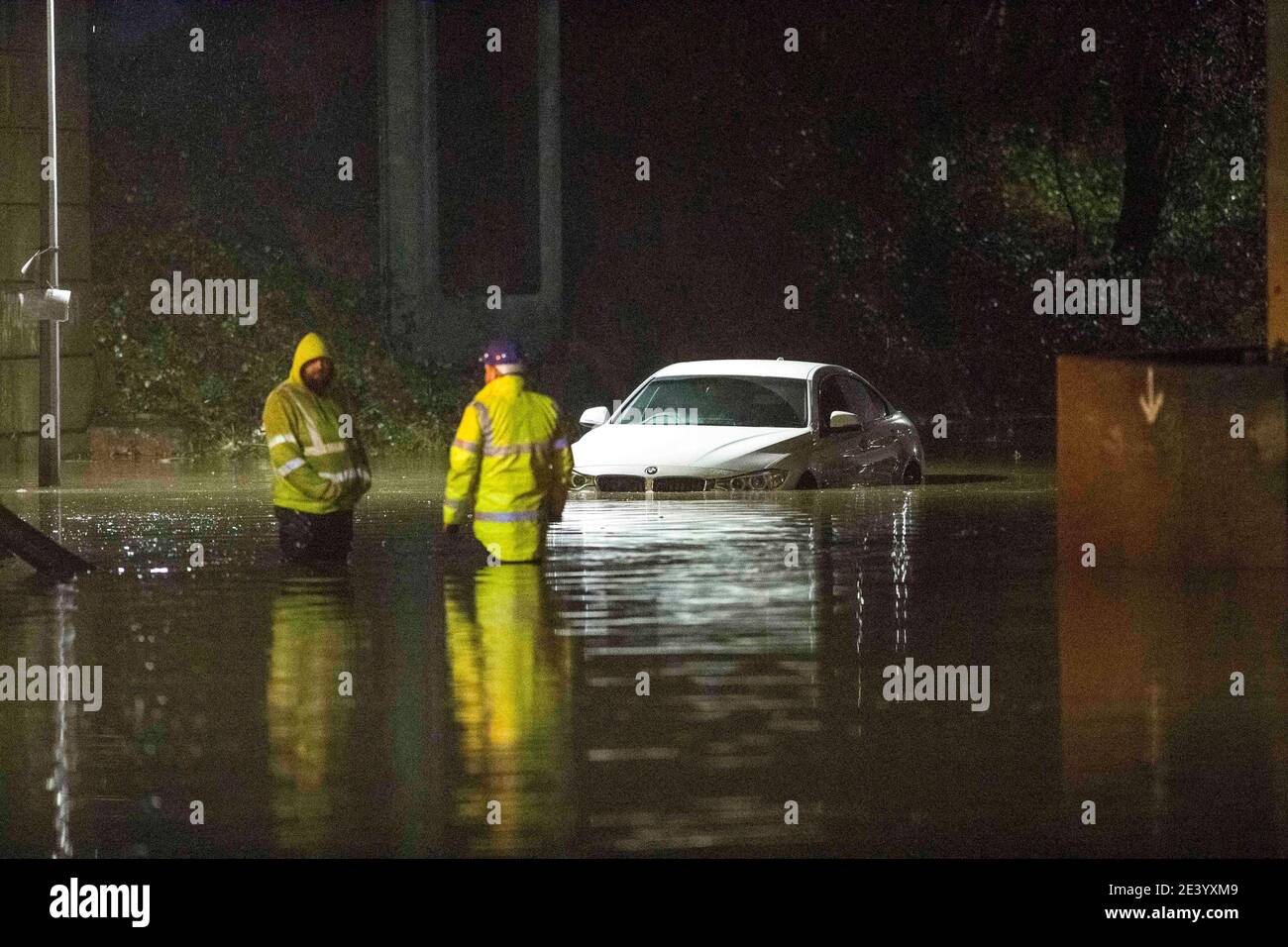 Teesport, Middlesbrough, Teesside, UK. Wednesday 20th January 2021: Pictures show a car stuck in a flood on Tees dock road which is the entrance to Te Stock Photo