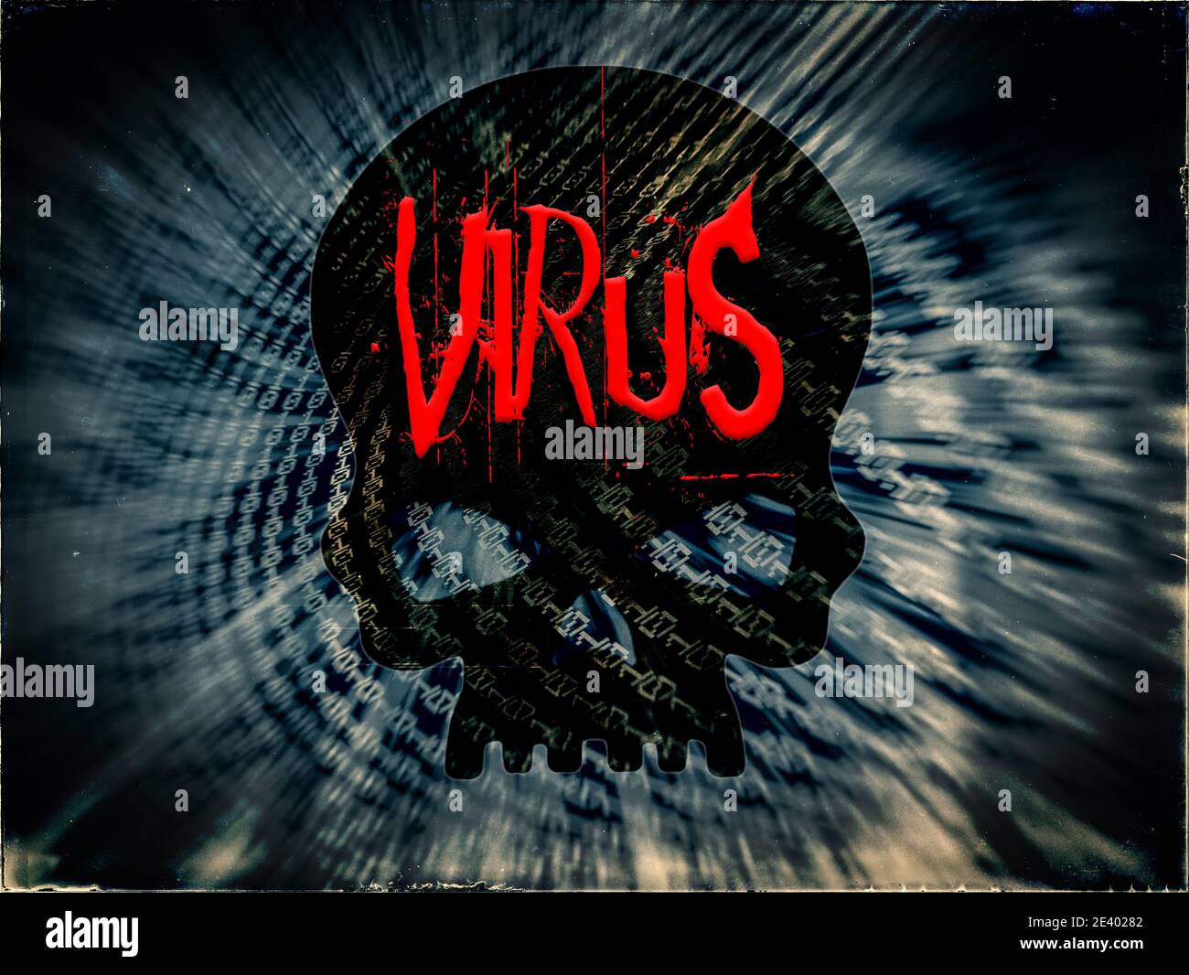 Virus Red Writing On Black Skull Binary Code Background Stock Photo Alamy