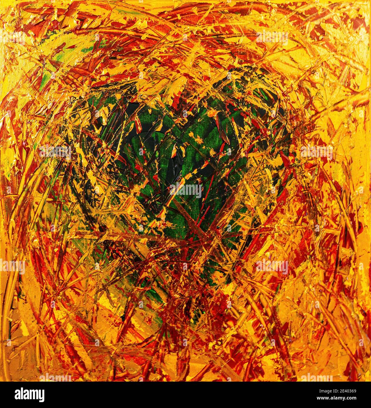 Contemporary painting of a green heart on a gold background Stock Photo