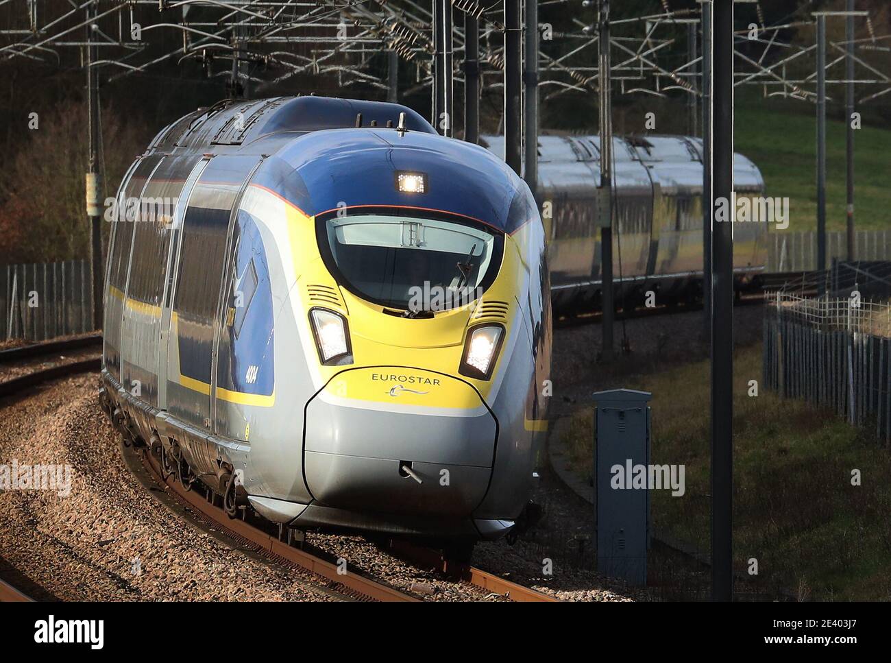 A Eurostar e320 high-speed train heads towards France through Ashford in  Kent as the continuing COVID-19 crisis has forced it to slash services from  the normal level of more than 50 trains