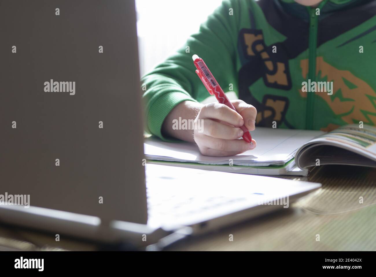 Boy doing his homework and using a laptop at home Stock Photo