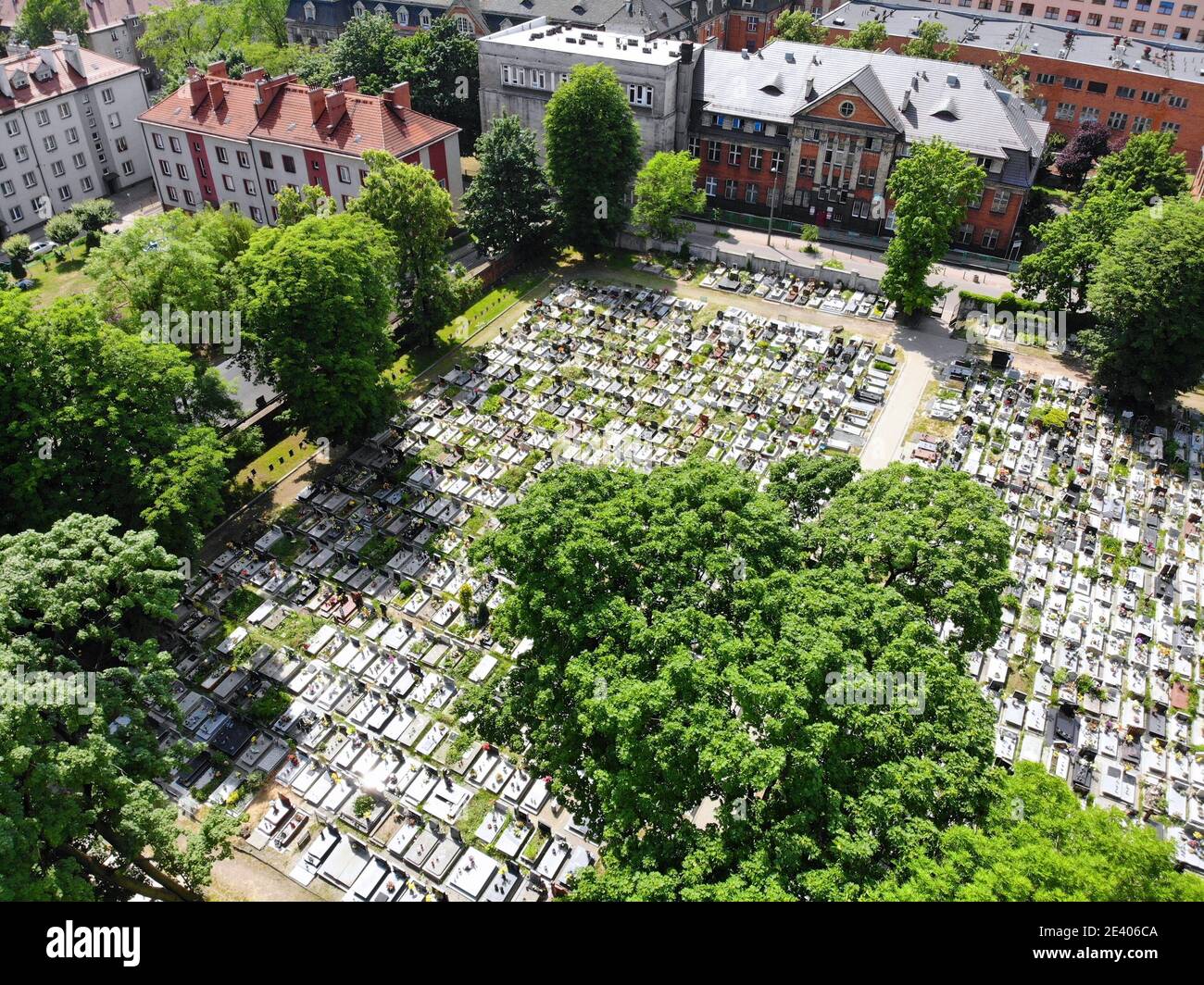 Bytom city aerial view, Poland. Cemetery and hospital (Szpital Gorniczy). Stock Photo