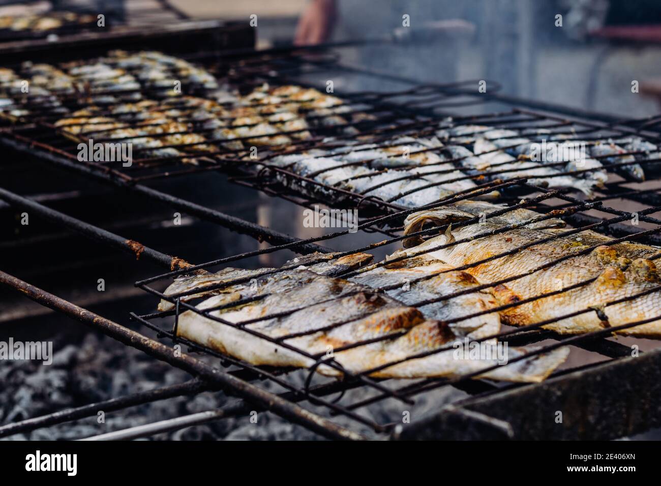 Closeup shot of fish being cooked in fisher village Sao Pedro da Afurada, Porgual. Stock Photo