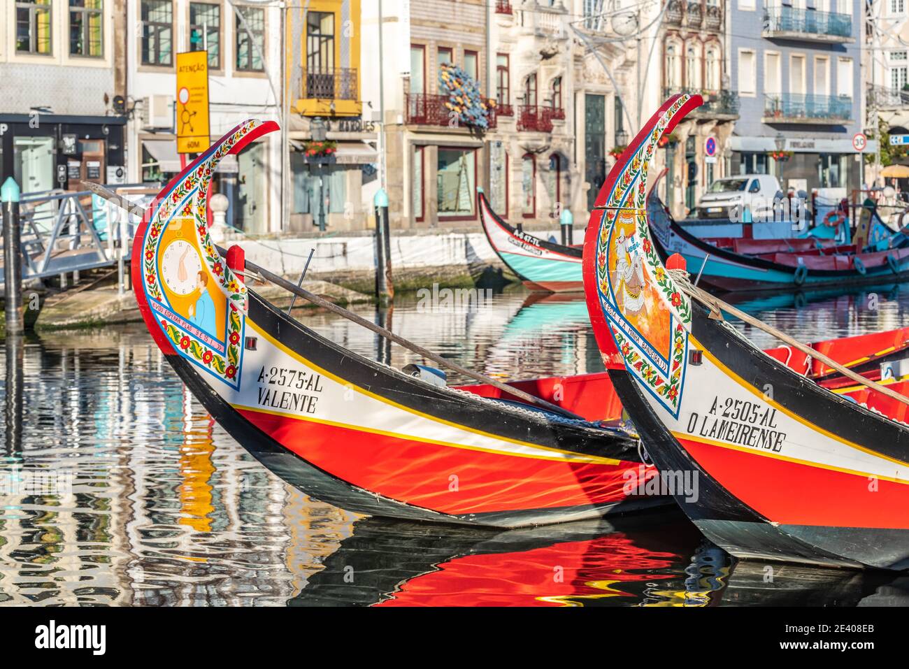 color image of the river with Moliceiro boats on the lagoon Centro Regionat during the day, northern, Aveiro, Portugal January 2021 Stock Photo