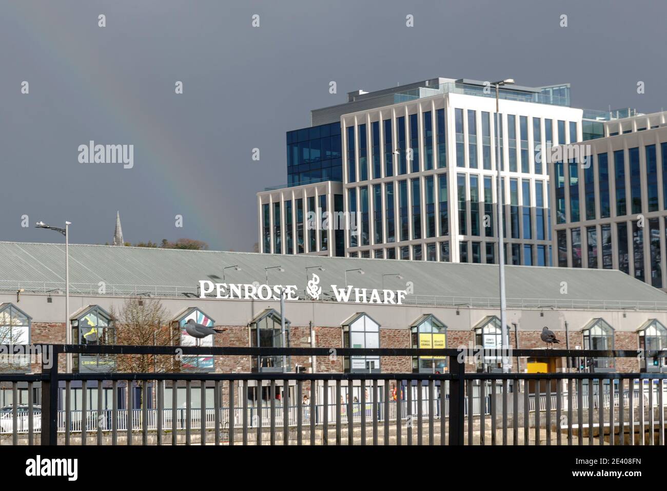 Cork, Ireland. 21st Jan, 2021. Rainbow Appears Above Penrose Dock. A rainbow appears above the newly developed Penrose One and Two on Penrose Dock pictured besides Penrose Wharf. Credit: Damian Coleman/Alamy Live News Stock Photo