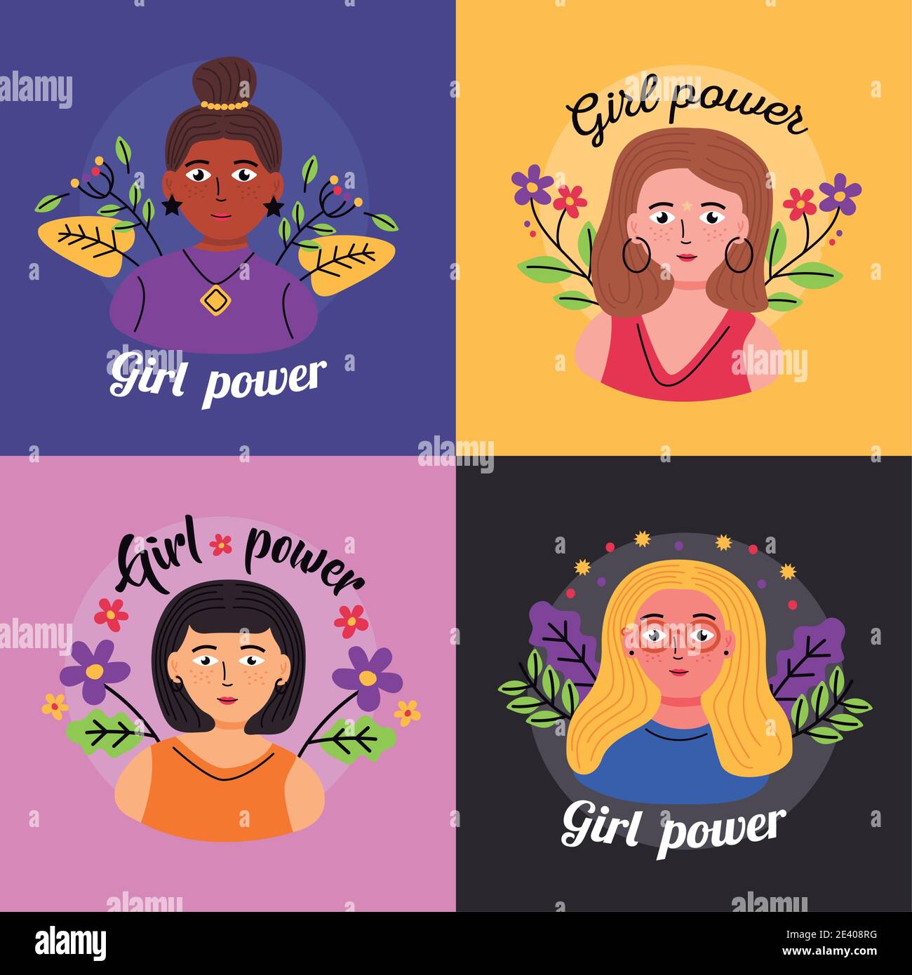 Girl power women cartoons set design of Woman empowerment female