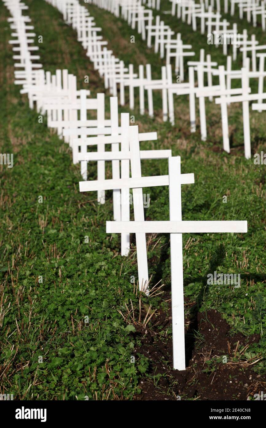White crosses and protest against abortion in Hedensted, Denmark Stock Photo
