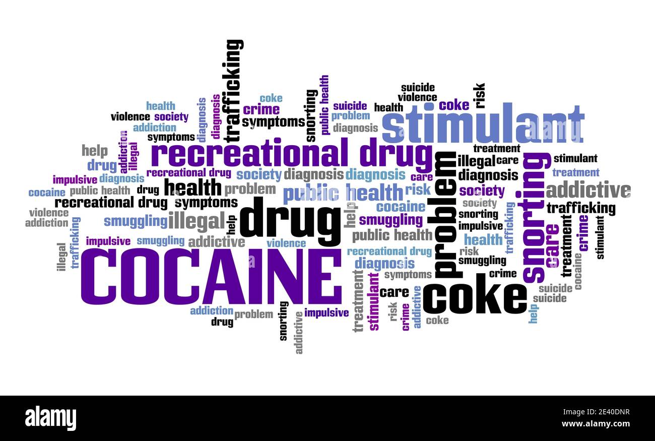 Cocaine word cloud collage. Cocaine addiction concepts text cloud. Stock Photo