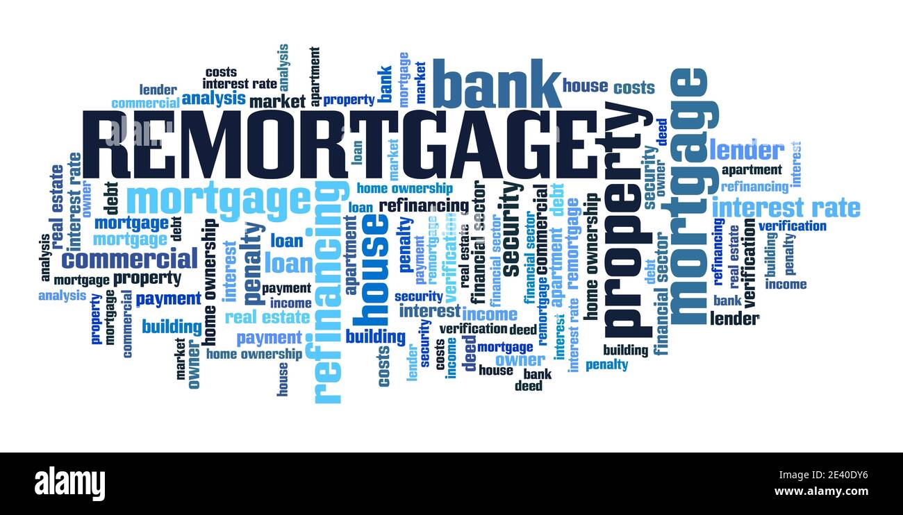 Remortgage real estate financing concept. Remortgage word cloud sign. Stock Photo