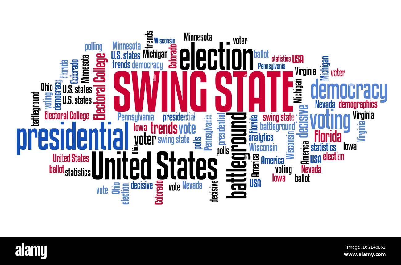 Swing states in U.S. presidential election concept. Battleground states - decisive voters concept. Word cloud sign. Stock Photo