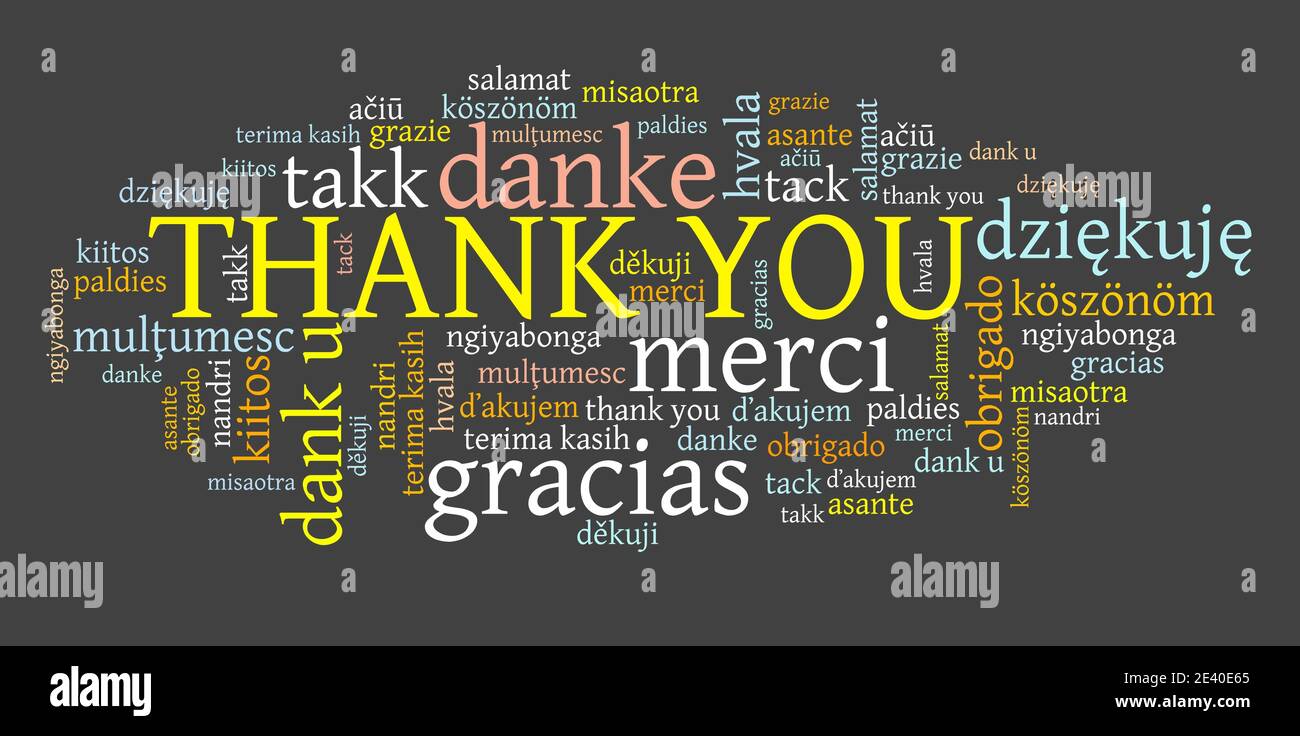 Thank you message graphics. International thank you sign in many languages including English, French, German, Dutch and Polish. Stock Photo