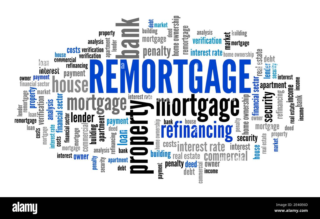 Remortgage real estate financing concept. Remortgage word cloud sign. Stock Photo
