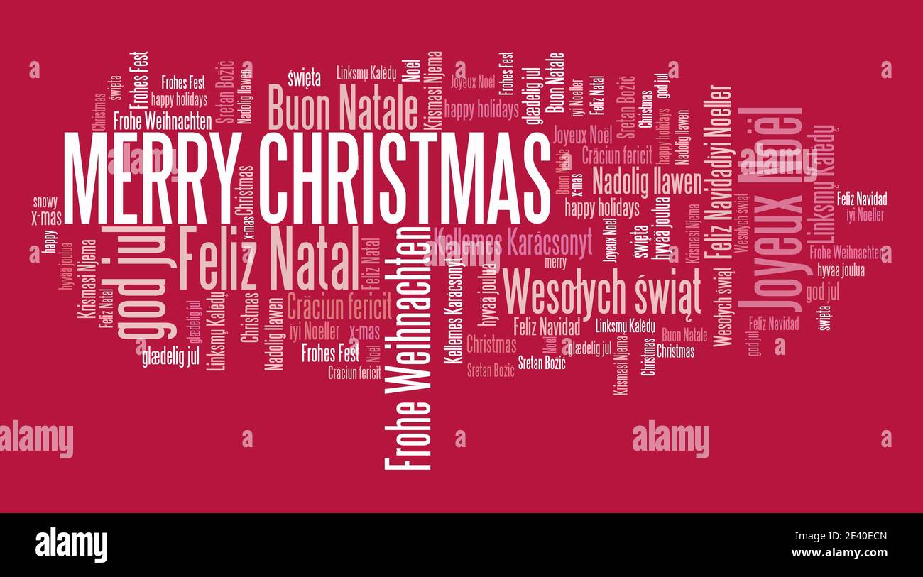 Merry Christmas message sign. International Christmas wishes in many languages including English, French, Portuguese, Polish and Spanish. Stock Photo