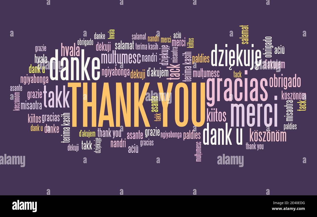 Thank you message sign. International thank you sign in many languages including English, French, German, Dutch and Polish. Stock Photo