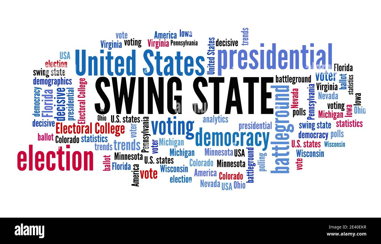 Swing states in U.S. presidential election concept. Battleground states - decisive voters concept. Word cloud sign. Stock Photo