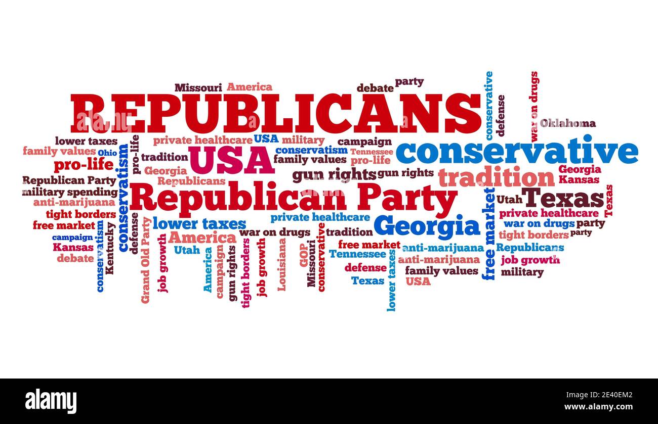 WASHINGTON DC, USA - OCTOBER 9, 2020: Republican Party (Grand Old Party) policies and issues displayed as a word cloud. Illustrative editorial text si Stock Photo