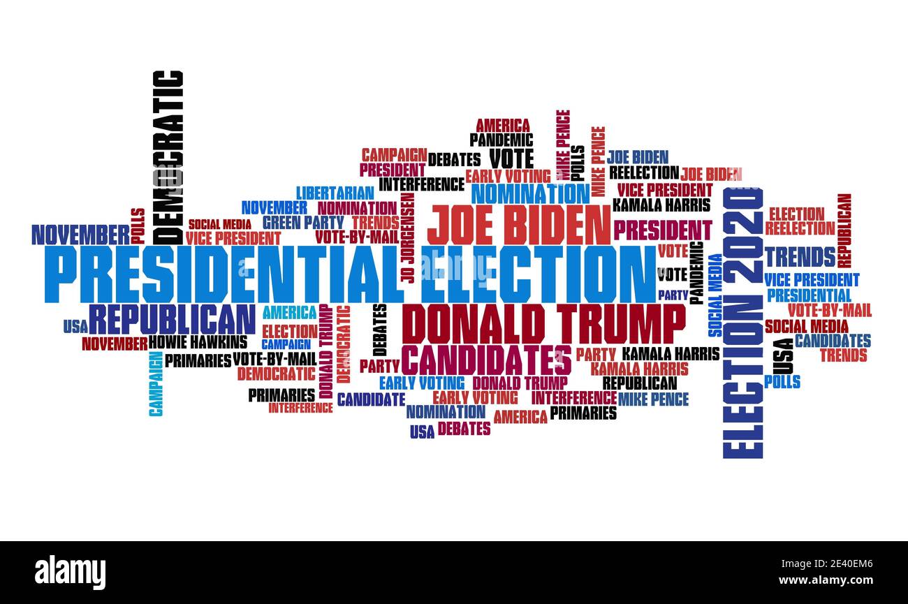 WASHINGTON DC, USA - OCTOBER 12, 2020: Presidential election candidates and issues displayed as a word cloud. Illustrative editorial text sign of U.S. Stock Photo