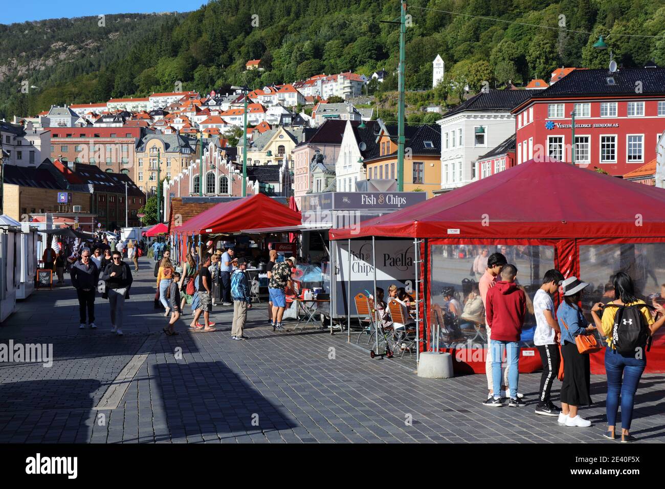 BERGEN, NORWAY - JULY 23, 2020: People visit fish market in Bryggen  district of Bergen, Norway. It is a UNESCO World Heritage Site Stock Photo  - Alamy